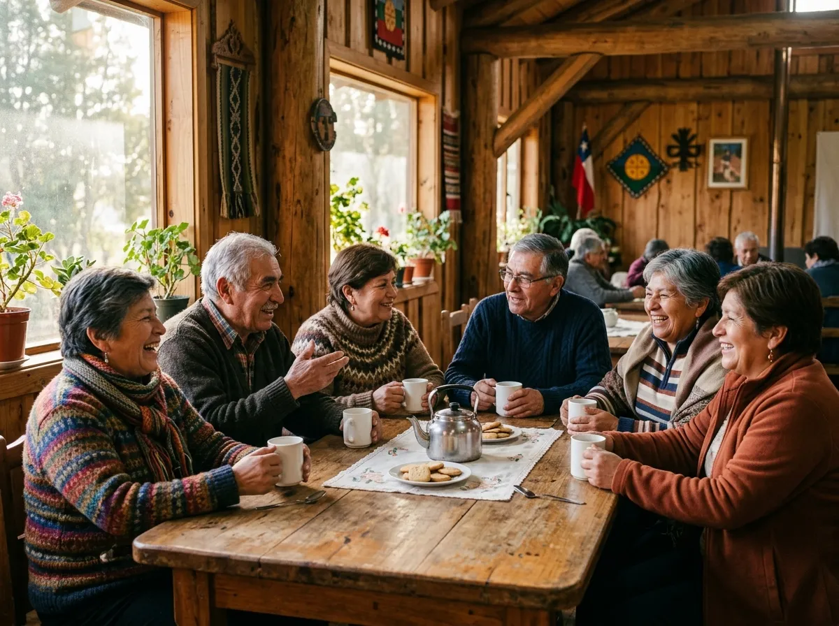 Socios y socias de la Sociedad de Socorros Mutuos compartiendo fraternalmente en un encuentro comunitario en Temuco